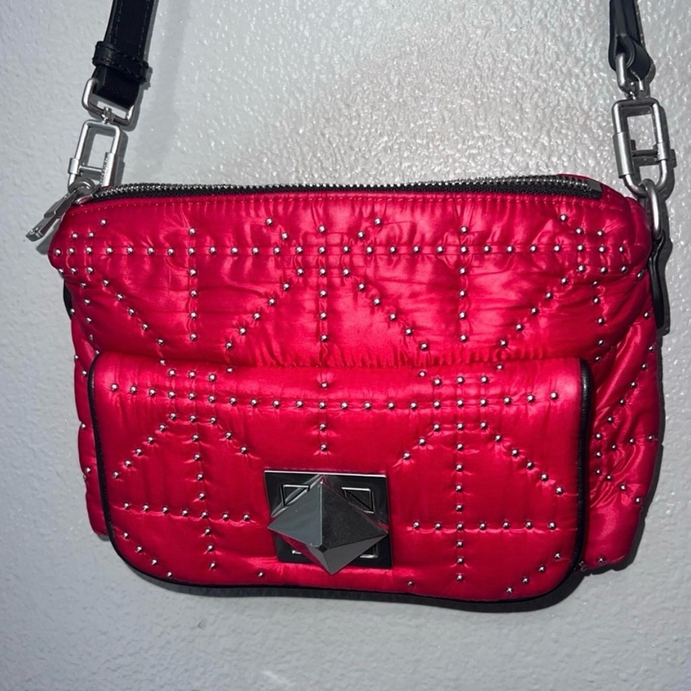 SONIA RYKIEL Vintage Rouge Quilted Crossbody Bag Red w Silver Stud Accents EUC